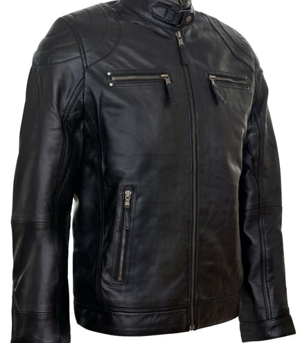 Mens Moto Leather Biker Jacket-Taiwan - Black