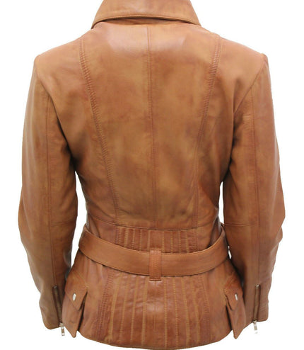 Womens Long Leather Biker Jacket-Quito - Tan