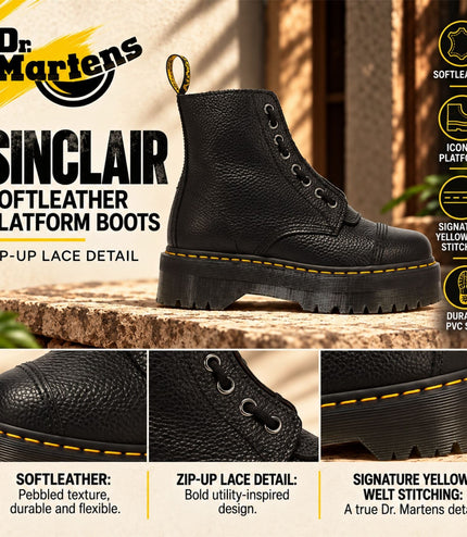 Dr Martens Sinclair Black Leather Zip Front Platform Boots - 22564001