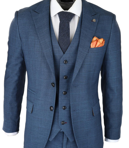 Mens 3 Piece Blue Suit Prince Of Wales Check Classic Light Tailored Fit Modern