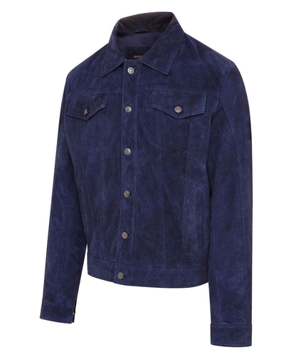 Mens Goat Suede Jeans Jacket Trucker Casual Denim Leather Shirt - Navy