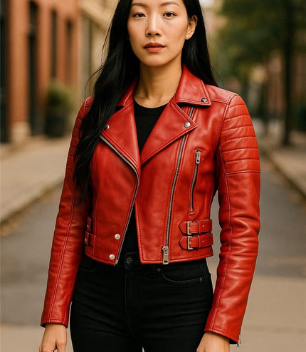 Womens Cropped Brando Leather Biker Jacket-Damascus - Red