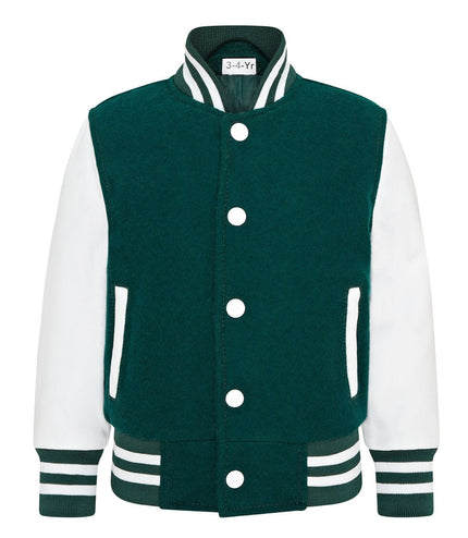 Kids Green Wool Varsity Bomber Jacket with Real Leather Sleeves
