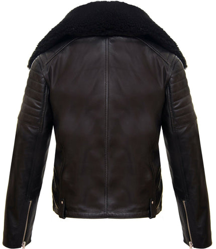 Kids Boys 100% Leather Detachable Collar Biker Jacket
