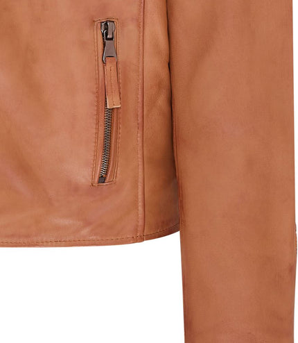 Mens Slim Fit Brando Style Double Cross Zip 100% Leather Biker Jacket - Tan
