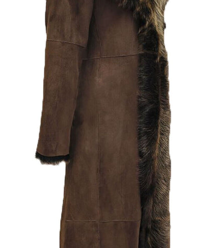 Womens Suede Toscana Sheepskin Hooded Trench Coat-Rushden - Brown Gold