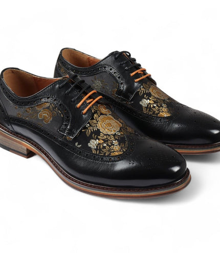 Justin Reess Men's Black Leather Floral Print Brogue Dress Shoes - Ross