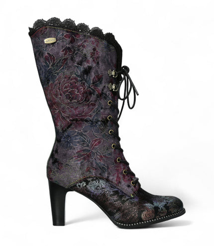 Laura Vita Alcbane 0351 Violet Floral Womens Gothic Victorian Leather Heeled High Boots