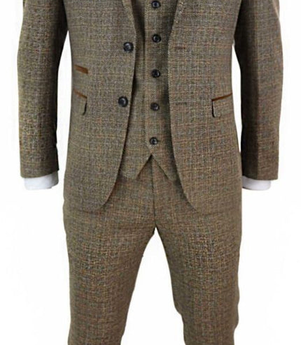 Mens 3 Piece Brown Tweed Check Vintage Retro Suit