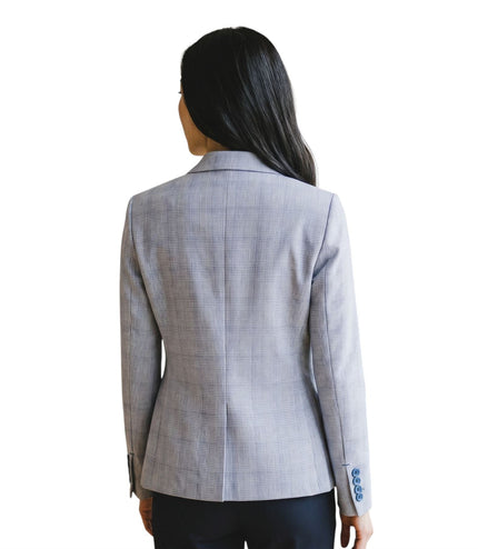 Women's Blue Check Wool Blend Herringbone Tweed Tailored Blazer - Caridi