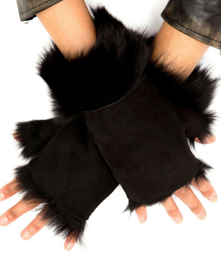 Womens Shearling  Mittens Fingerless Cuffs Toscana Suede Sheepskin Fur - Black