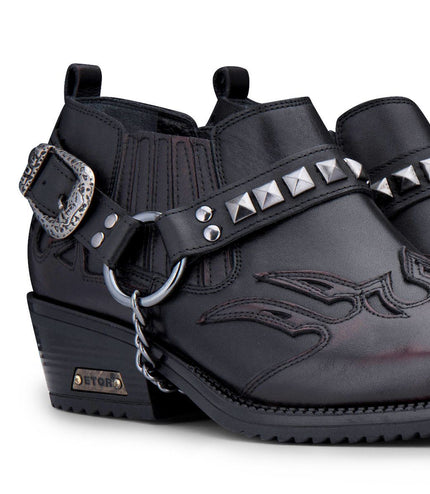 Men'S Black Leather Winklepicker Studded Western Biker Boots
