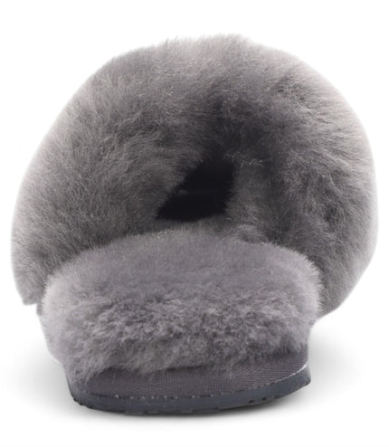 Women's Sheepskin Slippers Grey Warm Winter Fur Sliders - Nordic