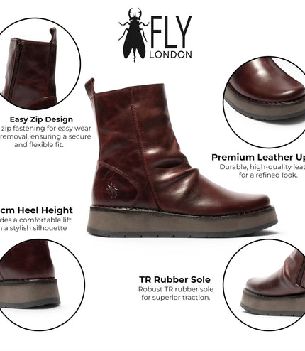Fly London Womens Wine Leather Zip Up Platform Ankle Boots - RENO053FLY