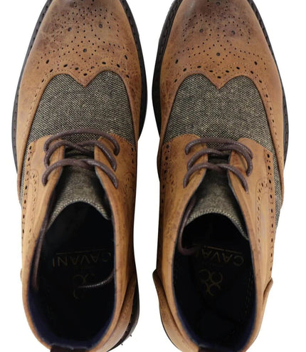 Mens Classic Tweed Oxford Brogue Ankle Boots In Tan Leather