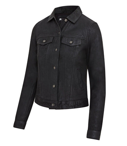 Womens Black Leather Trucker Jeans Jacket-  Doha