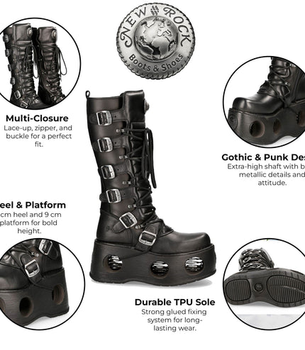 New Rock M-272-S2 Neptuno Metallic Knee High Black Leather Gothic Boots