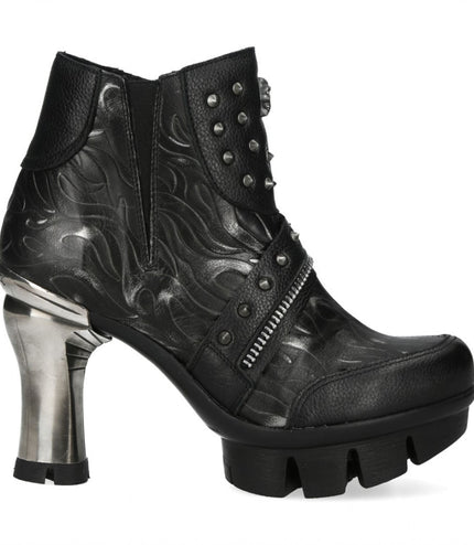 New Rock Womens Neopunk001-C19 Black Gothic Heeled Punk Leather Ankle Boots