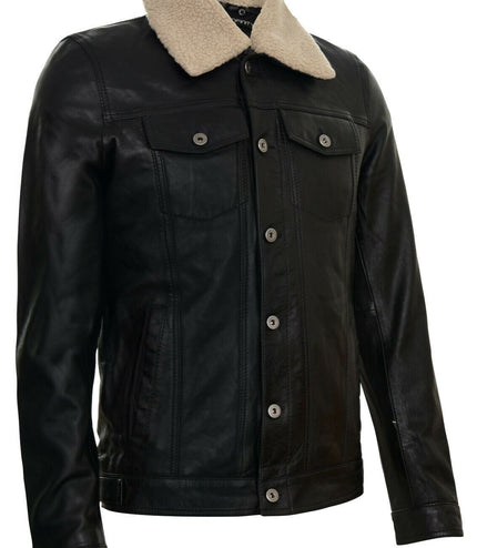 Mens Removable Collar Leather Trucker Jacket-Zagreb - Black