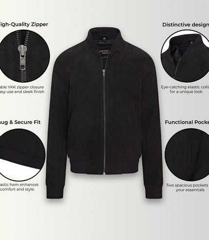 Mens Soft Goat Suede MA-1 Varsity Bomber Jacket  - Dalian - Black