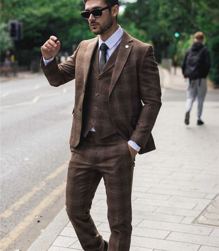 Men's Formal Brown Tweed  3 Piece Check Vintage Gatsby Style Suit