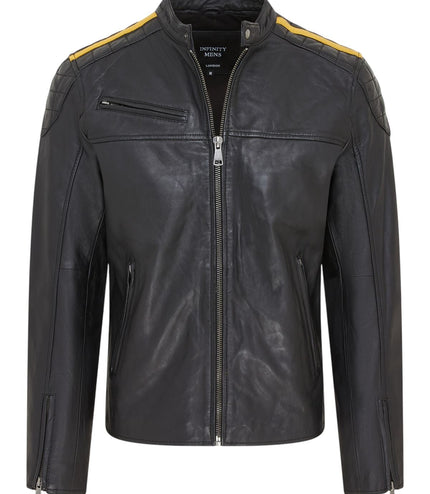 Men's Classic Quilted Black Yellow Leather Biker Jacket - Meridian