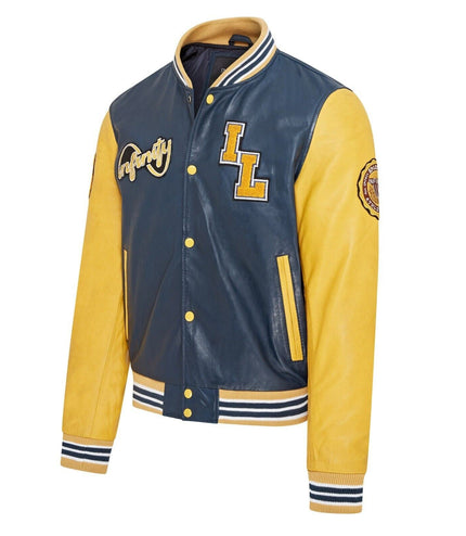 Mens Baseball Leather Letterman Bomber Jacket - Ashwood - Blue