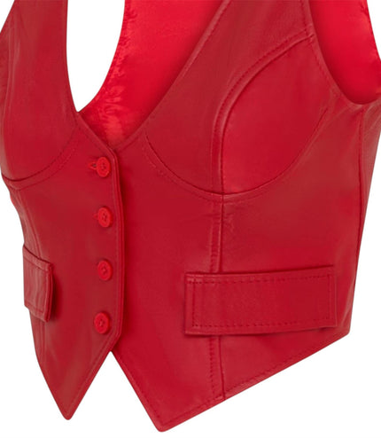 Womens Red Leather Waistcoat Biker Vest - MAM-WC