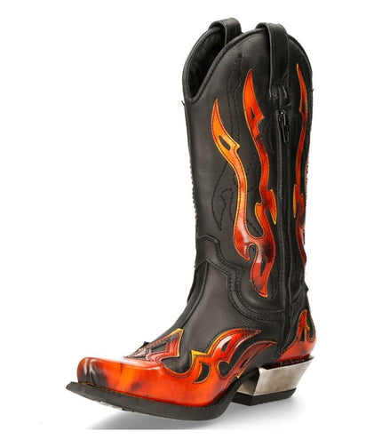 New Rock Flame Accented Black/Red Mid-Calf Cowboy Boots -7921-S2