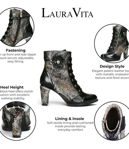 Laura Vita Women’s Black Leather Floral Heeled Lace-Up Boots - Alcbaneo 173