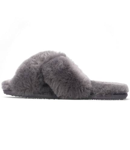 Women's Sheepskin Slippers Grey Warm Winter Fur Crossover - Snowbelle