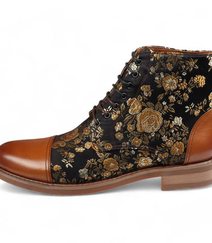 Justin Reess Men's Brown Floral Print Leather Oxford Ankle Boots - Adam