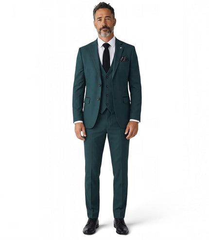Men's Green Formal 3 Piece Tailored Fit Plain Suit - IM4
