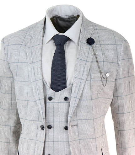 Mens 3 Piece Light Grey Check Tweed Vintage Retro Classic Suit