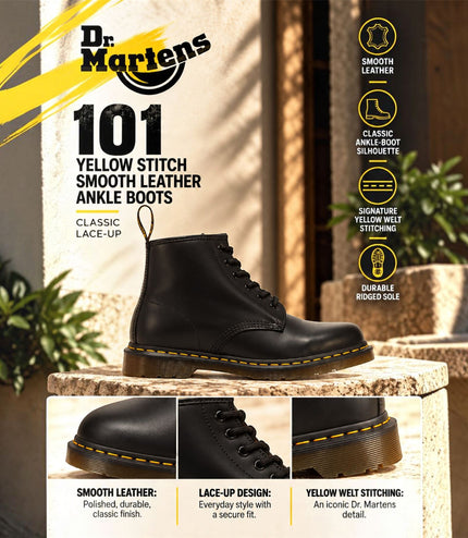 Dr Martens 101 Yellow Stitch Black Leather 6-Eye Ankle Boots - 26230001
