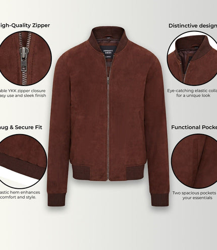Mens Soft Goat Suede MA-1 Varsity Bomber Jacket  - Dalian - Brown