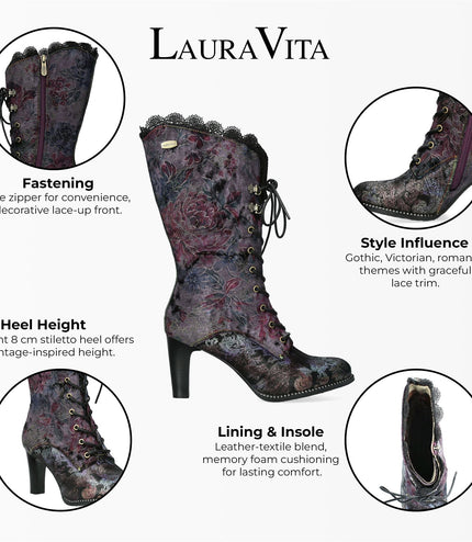 Laura Vita Alcbane 0351 Violet Floral Womens Gothic Victorian Leather Heeled High Boots