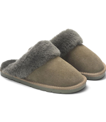Women's Genuine Sheepskin Olive Green Suede Mule Winter Slippers - Luna
