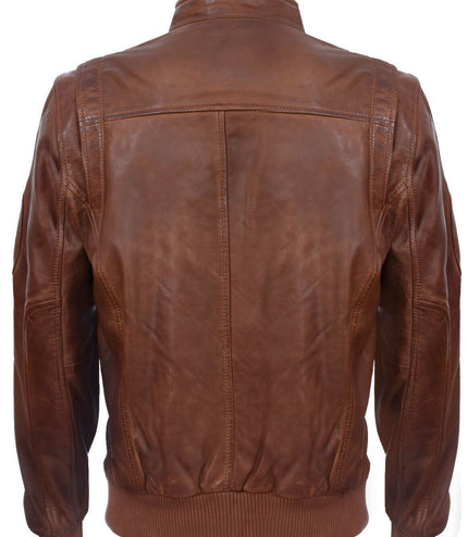 Mens Leather Varsity Bomber Jacket-Adana - Tan