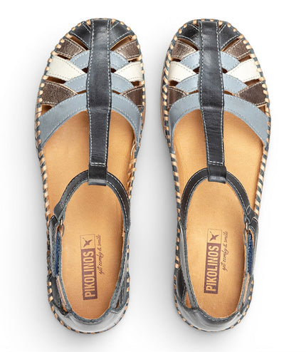 Pikolinos Women's Ocean Blue Leather Semi-Open Wedge Sandal Shoes - Cadaques
