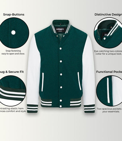 Letterman Baseball Wool Leather Varsity Bomber Jacket - Genoa - Green/White