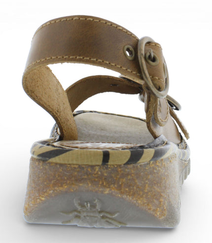 Fly London Women's TRAM723FLY Camel Brown Leather Wedge Sandals