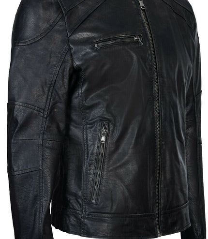 Mens Vintage Black Leather Biker Jacket-Alexandria