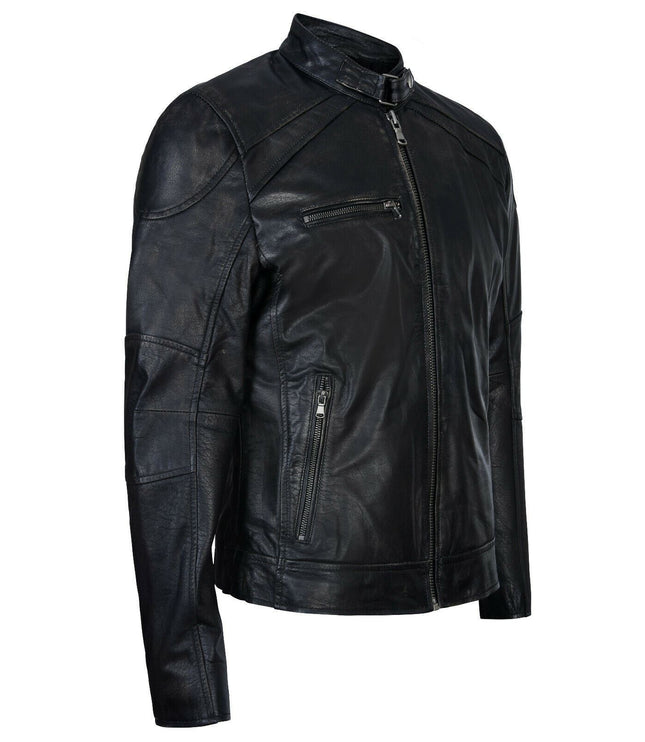 Mens Vintage Black Leather Biker Jacket-Alexandria