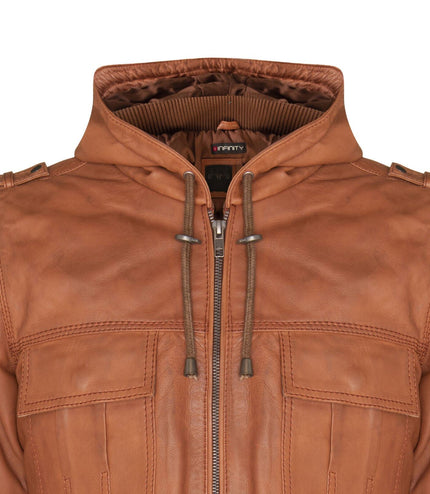 Mens Tan Leather Hooded Bomber Jacket - Tirana