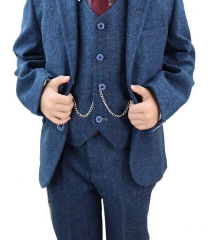 Boys 3 Piece Blue  Herringbone Tweed Check Classic  Suit