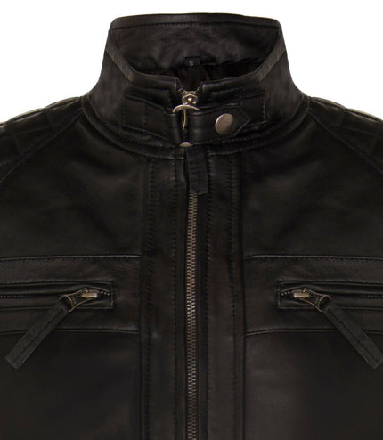 Men's Vintage Leather Quilted Biker Jacket-Monaco - Black