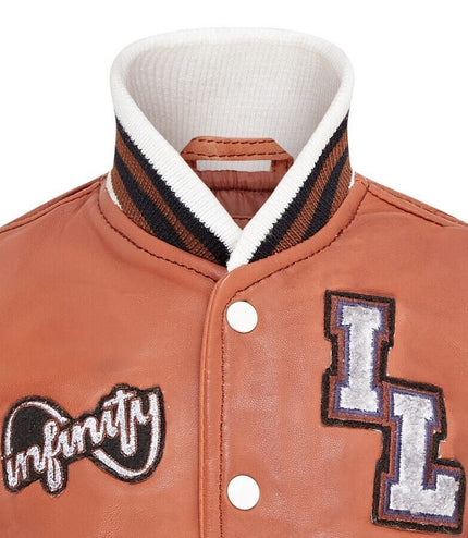 Kids Tan Letterman Leather Varsity College Bomber Jacket