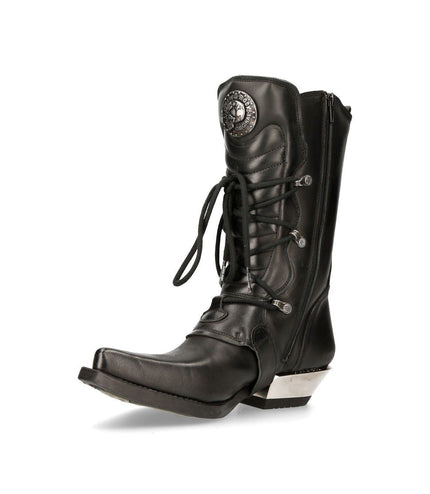 New Rock Black Leather Cowboy Buckle Boots- M-7993-S1