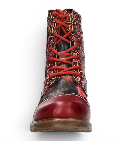 Laura Vita Women's Red Floral Victorian Leather Lace-up Ankle Boots - Anitao - 11